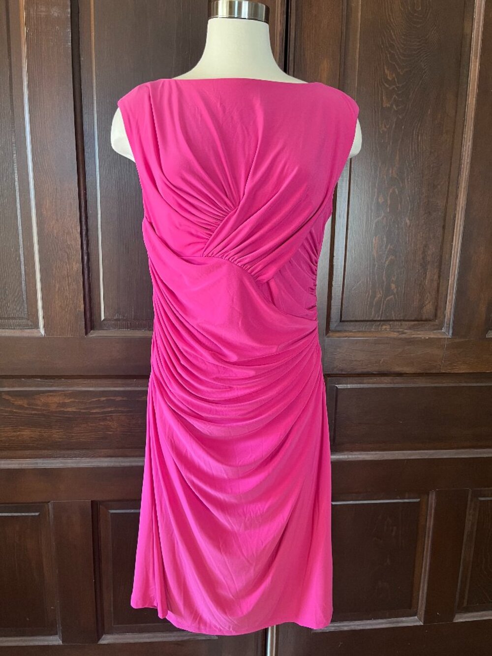 Evan Picone Sleeveless Midi Dress Draped Jersey Knit Pink Boat Neck Women's 14